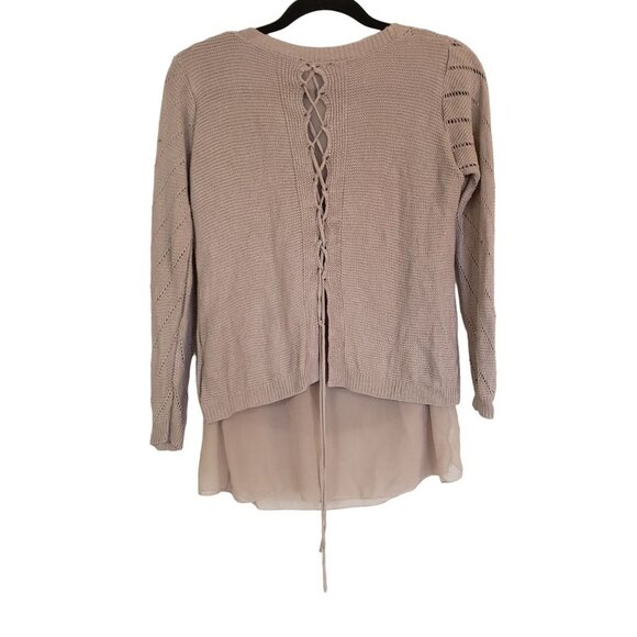Milano Sweater size Medium lace up back chiffon lined  very light gray - Picture 2 of 9